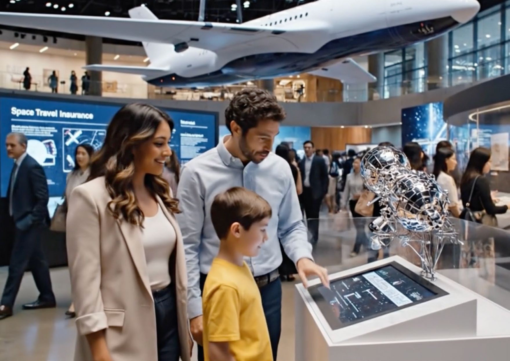 Museum concept showing a family exploring a space insurance exhibition